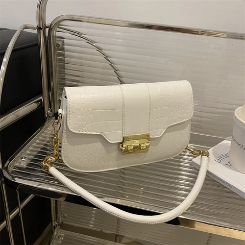 Vintage Crocodile Pattern PU Leather Underarm Bag For Women Elegant Small Square Shoulder Bag With Gold Metal Lock Chain Strap