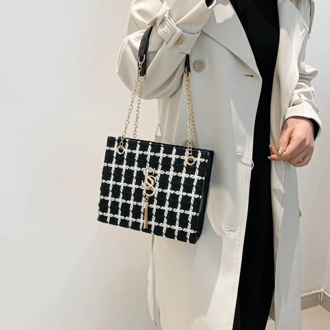 Damen Tweed Karomuster Umhängetasche Elegante Metallkette Tote Bag Mit Quaste Und Metall Logo Für Tägliche Mode Handtasche