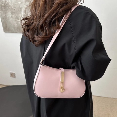 Vintage Women Hobo Underarm Bag Smooth PU Leather Gold Metal Lock Detail Solid Color Retro Shoulder Bag