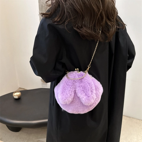 Bolso Bandolera De Felpa Con Orejas De Conejo Para Mujer Bolso De Mano De Piel Sintética Con Mango De Metal Y Cadena Dorada