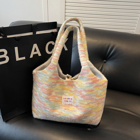 Bolso Tote de Punto de Gran Capacidad para Mujer Estilo Japonés Bloque de Color Macaron Bolso de Hombro Suave a Rayas Multicolor Bolso Casual para Diario Escuela