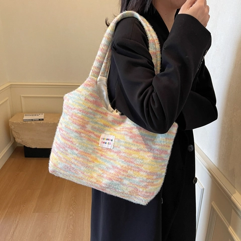 Bolso Tote de Punto de Gran Capacidad para Mujer Estilo Japonés Bloque de Color Macaron Bolso de Hombro Suave a Rayas Multicolor Bolso Casual para Diario Escuela