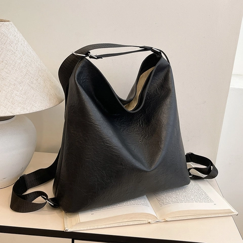 Women Retro Large Capacity Shoulder Bag Textured PU Leather Adjustable Wide Strap Minimalist Hobo Tote For Daily Commute
