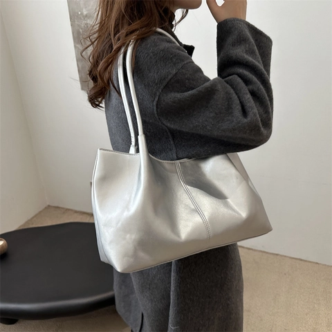 Damen Urban Minimalistisch Große Kapazität PU Leder Tote Bag Vintage Ziernähte Schultertasche Für Den Alltag Vielseitige Handtasche