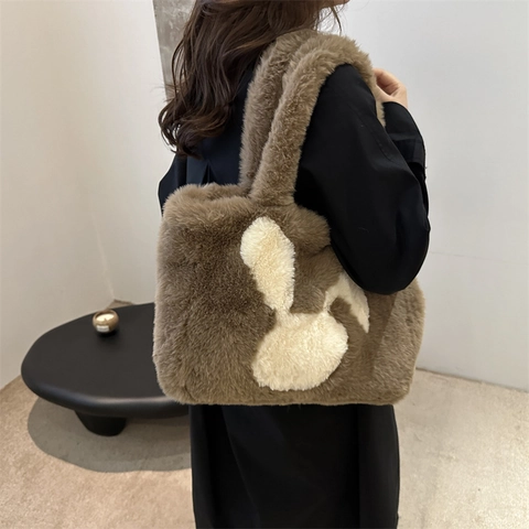 Borsa Tote da Donna in Ecopelliccia Grande Capacità Morbida Borsa a Tracolla in Peluche Con Motivo a Coniglio Autunno Inverno
