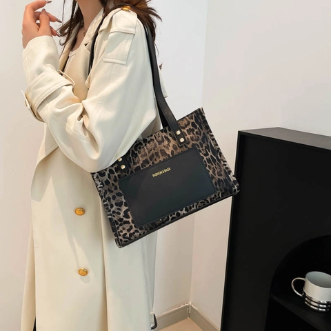 Sac Fourre-tout à Imprimé Léopard à la Mode Pour Femmes en Similicuir PU Sac à Bandoulière Style Streetwear Femme
