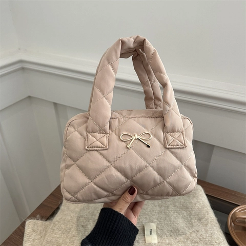 Women Quilted Padded Nylon Shoulder Bag Elegant Diamond Lattice Bowknot Underarm Bag Fashion Top Handle Handbag