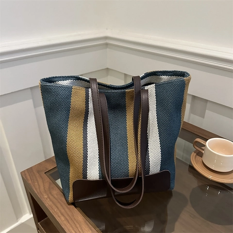 Borsa Tote da Donna in Tela a Righe Grande Capacità Borsa a Tracolla Casual Con Cinghie in Pelle Sintetica per Viaggi Quotidiani