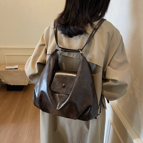 Damen Große Kapazität PU Leder Schultertasche Vintage Plissierte Hobo Tote Bag Mit Kette Pendler Mode Handtasche