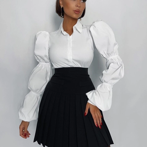 Dames Wit Katoen Overhemd Elegant Pofmouwen Revers Single-breasted Blouse Woon-werkverkeer Mode Lange Mouw Knoop Top