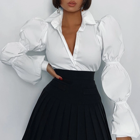 Dames Wit Katoen Overhemd Elegant Pofmouwen Revers Single-breasted Blouse Woon-werkverkeer Mode Lange Mouw Knoop Top