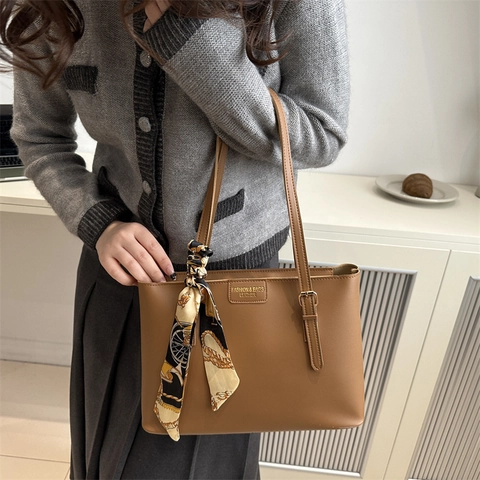 Vintage Minimalistische PU Leder Shopper Für Damen Große Kapazität Schultertasche Mit Dekorativem Seidenschal Pendeln Arbeit