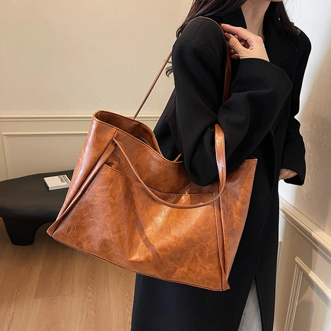 Bolso Tote Retro De Cuero PU De Gran Capacidad Para Mujer Bolso De Hombro De Color Sólido Con Cremallera Minimalista Diario