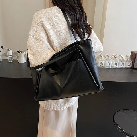 Bolso Tote Retro De Cuero PU De Gran Capacidad Para Mujer Bolso De Hombro De Color Sólido Con Cremallera Minimalista Diario