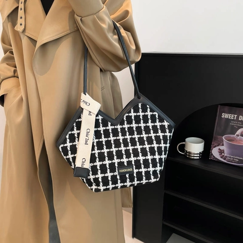 Retro Tweed En PU Leer Schoudertas Grote Capaciteit V Opening Geruit Argyle Patroon Tote Bag Voor Dames Woon-werkverkeer
