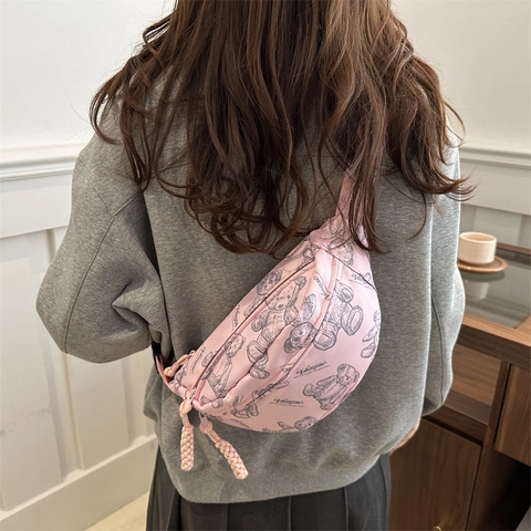Women Casual Nylon Waist Bag Teddy Bear Print Large Capacity Chest Bag Trendy Streetwear Crossbody Shoulder Bag For Daily