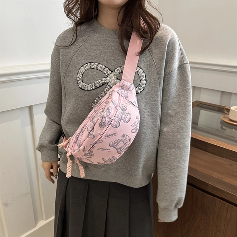 Women Casual Nylon Waist Bag Teddy Bear Print Large Capacity Chest Bag Trendy Streetwear Crossbody Shoulder Bag For Daily