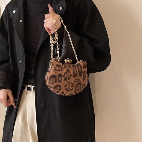 Women Leopard Print Cat Shaped Shoulder Bag Faux Fur Crossbody Bag With Metal Chain Crystal Lock Trendy Party Bag