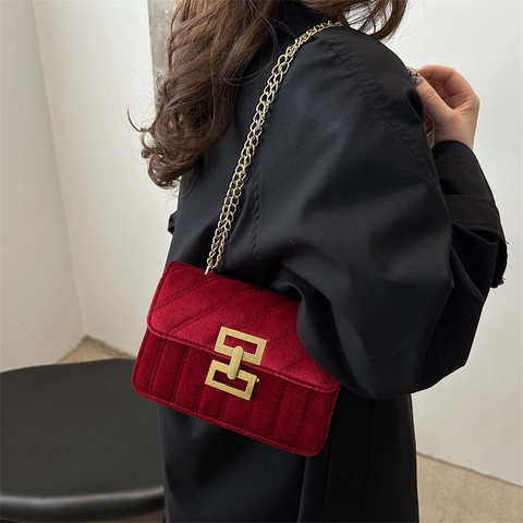 Vintage Dames Fluwelen Crossbodytas Met Gouden Ketting Geometrisch Slot Doorgestikte Kleine Vierkante Schoudertas Voor Feestjes