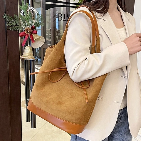 Borsa Tote Grande Capacità Donna Similpelle Scamosciata Smerigliata PU Pelle Spalla Fiocco Arredo Retrò Pendolare