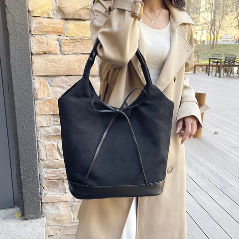 Borsa Tote Grande Capacità Donna Similpelle Scamosciata Smerigliata PU Pelle Spalla Fiocco Arredo Retrò Pendolare