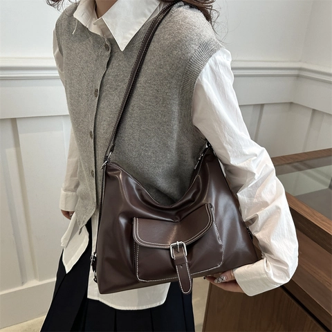 Women PU Leather Shoulder Bag Vintage Hobo Tote Contrast Stitching Front Pocket Large Capacity Crossbody Purse For Daily