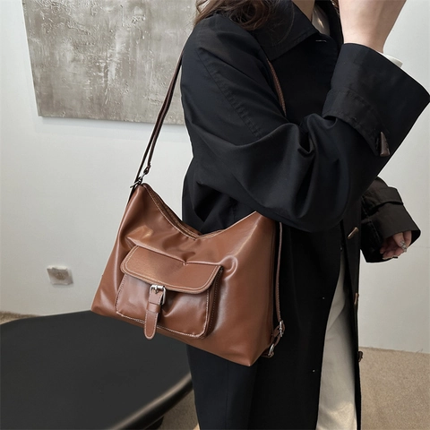 Women PU Leather Shoulder Bag Vintage Hobo Tote Contrast Stitching Front Pocket Large Capacity Crossbody Purse For Daily