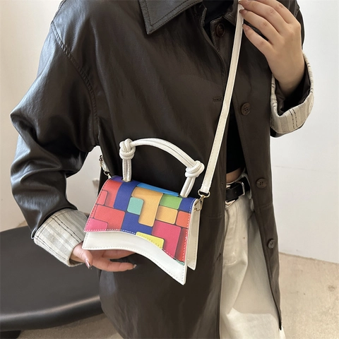 Damen Mode PU Leder Schultertasche Buntes Geometrisches Patchwork Geschwungener Boden Umhängetasche Trendy Dekorative Handtasche Für Den Alltag