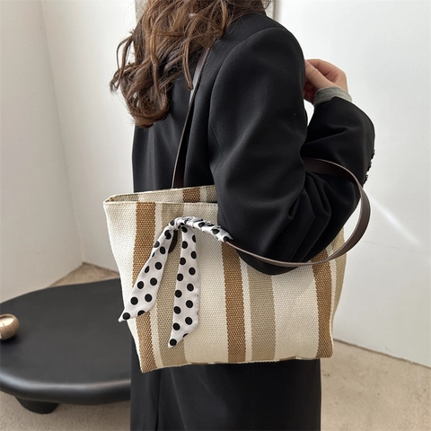 Bolso Tote de Nailon a Rayas para Mujer Gran Capacidad Bolso de Hombro con Bufanda de Lunares Bolso de Oficina