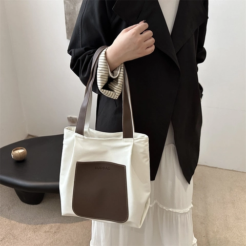 Sac Cabas Femme Style Japonais Minimaliste en Nylon Grande Capacité Sac à Épaule Décontracté Avec Poche en Cuir Synthétique
