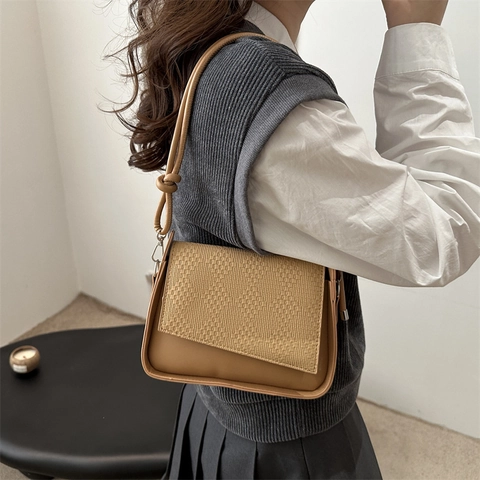 Women Woven Flap Shoulder Bag PU Leather Small Square Underarm Purse With Knot Strap Vintage Trendy