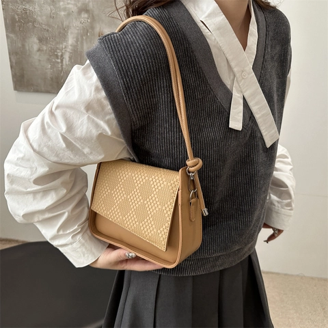 Women Woven Flap Shoulder Bag PU Leather Small Square Underarm Purse With Knot Strap Vintage Trendy