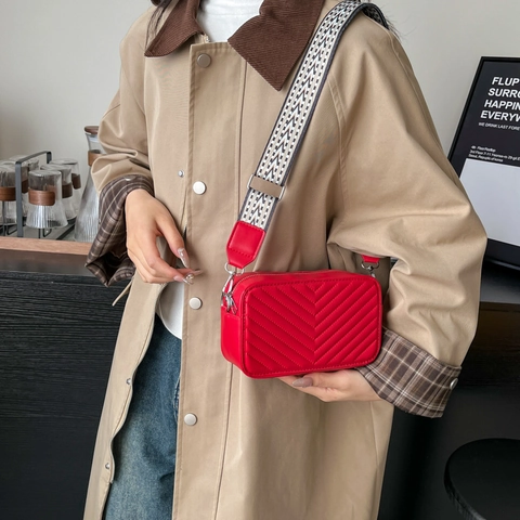 Women Chevron Quilted PU Leather Crossbody Bag Small Square Camera Bag With Wide Woven Strap French Style Zipper Shoulder Bag