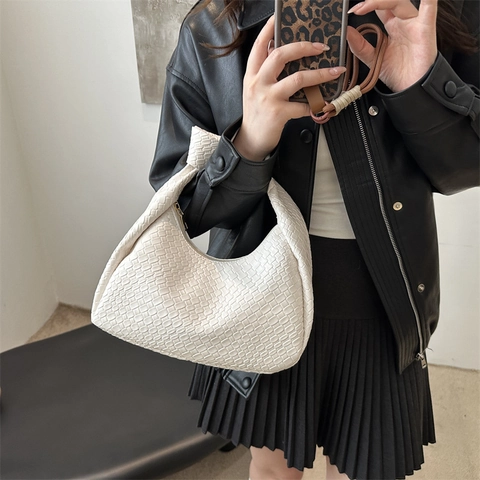 Damen Gewebte PU Leder Hobo Schultertasche Knotengriff Retro Achseltasche Große Kapazität Mode Pendler Lässige Handtasche