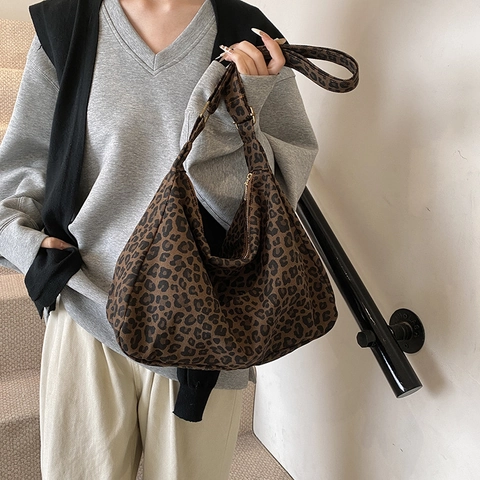 Leopard Muster Hobo Tasche Canvas Stoff Große Kapazität Verstellbarer Riemen Casual Streetwear Tote Für Damen