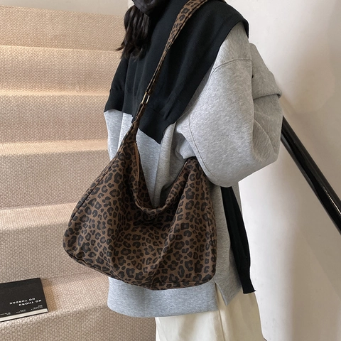 Leopard Muster Hobo Tasche Canvas Stoff Große Kapazität Verstellbarer Riemen Casual Streetwear Tote Für Damen