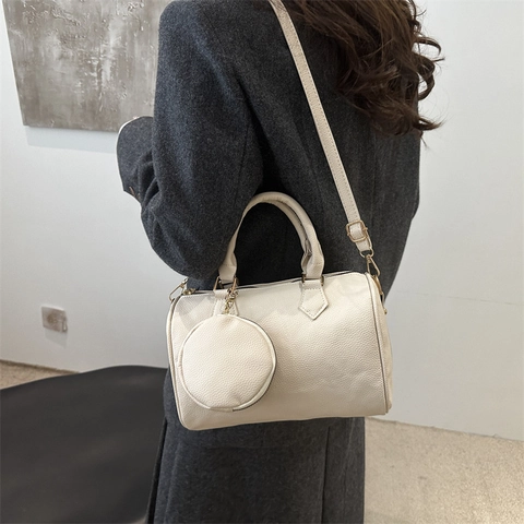 Sac Boston Vintage en Cuir PU à Motif Litchi Pour Femmes Sac à Épaule Décontracté Polyvalent Avec Ensemble de Pochette Ronde Sac à Main