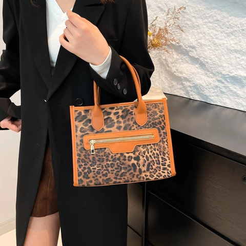 Borsa Tote Con Stampa Leopardata Pelle PU Tasca Frontale Con Cerniera Stile Vintage Versatile Per Donna