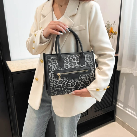 Borsa Tote Con Stampa Leopardata Pelle PU Tasca Frontale Con Cerniera Stile Vintage Versatile Per Donna