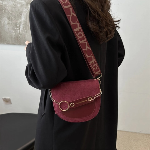 Borsa da Sella Vintage Patchwork da Donna Moda Tracolla Larga con Motivo a Catena in Metallo Borsa a Tracolla