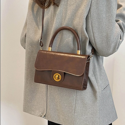Retro Women Small Square Shoulder Bag PU Leather Commuter Handbag With Gold Lock Crossbody Bag Solid Color Fashion Satchel