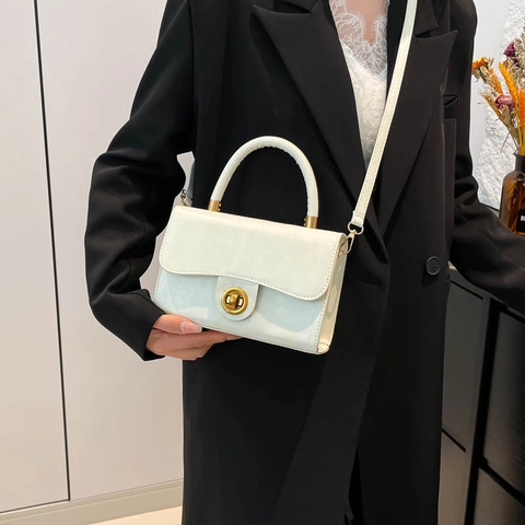 Retro Women Small Square Shoulder Bag PU Leather Commuter Handbag With Gold Lock Crossbody Bag Solid Color Fashion Satchel