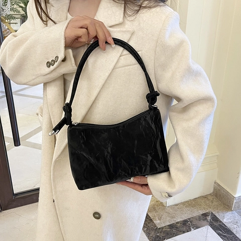 Borsa A Spalla Chic Pelle PU Trama Increspata Dettaglio Tracolla Annodata Chiusura Lampo Minimalista Di Tendenza Donna