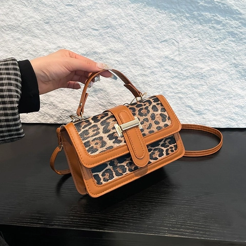 Damen Umhängetasche Leopardenmuster Vintage PU Leder Handtasche Retro Crossbody Kleine Quadratische Tasche