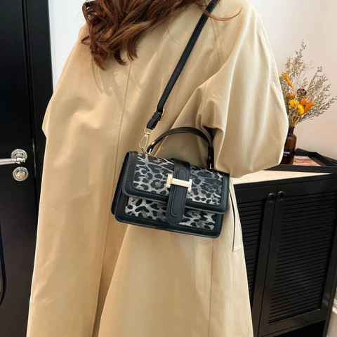 Damen Umhängetasche Leopardenmuster Vintage PU Leder Handtasche Retro Crossbody Kleine Quadratische Tasche