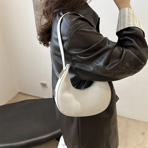 Borsa Sottobraccio a Mezzaluna in Tessuto Scamosciato Francese per Donna Borsa a Tracolla Hobo Vintage in Pelle PU Minimalista