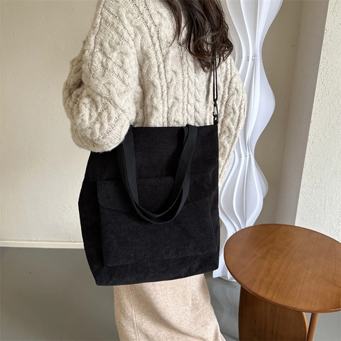 Bolso Tote de Pana Retro para Mujer de Gran Capacidad de Color Sólido Casual de Hombro y Bandolera Bolso Minimalista de Moda Diario