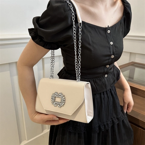 Women Fashion PU Leather Shoulder Bag Rhinestone Square Buckle Chain Crossbody Small Square Bag Elegant Evening Party Purse