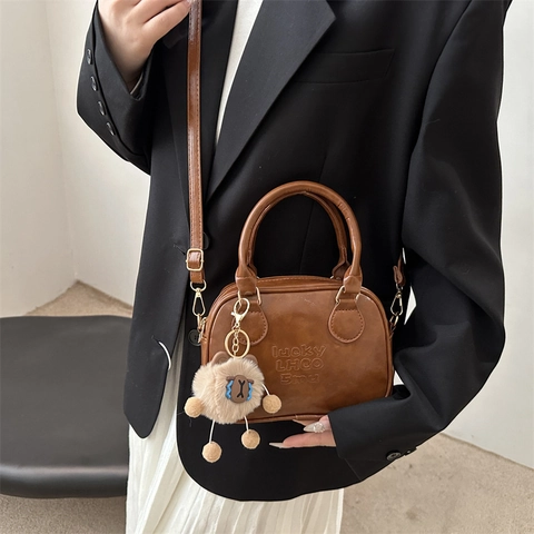 Women Mini Boston Bag PU Leather Retro Solid Color Shoulder Crossbody Handbag With Detachable Plush Animal Charm