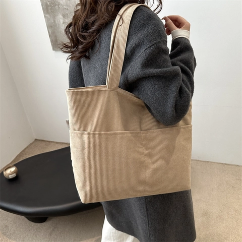 Women Fashion Corduroy Tote Bag Large Capacity Minimalist Shoulder Bag Solid Color Casual Shopper Handbag Daily Commuter Bag